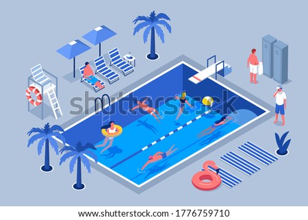 People Characters Swimming in Public Swimming Pool in Summer. Man and Woman wearing Swimsuits Sunbathing,  Lying and Floating on Water. Summer Vacation Concept. Flat Isometric Vector Illustration.