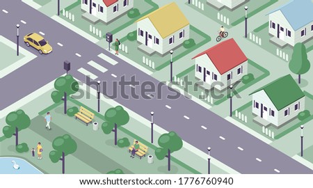 Apartment Complex with Modern Townhouses, Streets and Park. Small City Cityscape with Residential Building and Transport. Urban Landscape Infographic. Flat Isometric Vector Illustration.