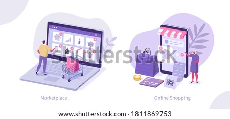People Characters Buying Goods Online on Internet Marketplaces. Female and Male Buying Online in Mobile App. Mobile Shopping and Retail Concept. Flat Isometric Vector Illustration.