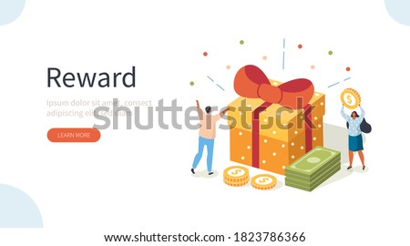 People Characters Receiving Online Reward. Woman and Man Standing near Gift Box and Collecting Cash Back Bonuses. Loyalty and Referral Marketing Program Concept. Flat Isometric Vector Illustration.
