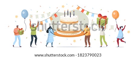 People Characters carrying Birthday Cake and Celebrating. Women and Men holding Gift and Balloons. Friends Enjoying the Party. Happy Birthday Concept. Flat Cartoon Vector Illustration.
