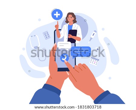 Hands Holding Smartphone with Video Call on Screen. Patient having Online Conversation with Doctor. Modern Health Care Services and Online Telemedicine Concept. Flat Cartoon Vector Illustration. 
