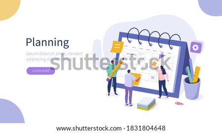 People Characters Filling Planning Schedule. Man and Woman Left Notes, Manage and Organize their Work and Time. Business Plan and Time Management Concept. Flat Isometric Vector Illustration. 