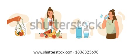 Woman Take Care of Her Health and Nature. She Buying Natural Food in Turtle Bag, Eating Vegetables and Drinking More Water. Healthy and Sustainable Lifestyle Concept. Flat Cartoon Vector Illustration.