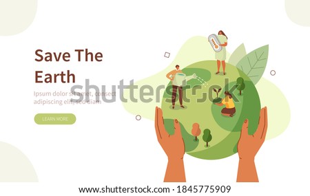 People Characters trying to Save Planet Earth. Woman and Man Planting and Watering Trees, Measuring Planet Temperature. Global Warming and Climate Change Concept. Flat Cartoon Vector Illustration.
