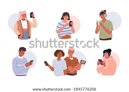 Young Characters are Using Smartphones. Different Boys and Girls Chatting, Making Selfie and Spending Time in Mobile Apps. Diversity People set. Flat Cartoon Vector Illustration.