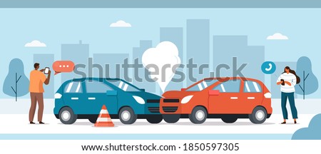 Drivers standing near Damaged Vehicles and Calling to Auto Insurance Companies or Recovery Service. Car Crash Accident on the Road Concept. Flat Cartoon Vector  Illustration.