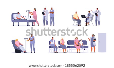 Doctors and Patients Characters set. People Waiting Appointment Time, Hospitalized Patient Lying in Hospital Bed, Patient Consultation and other Scenes in Hospital. Flat Cartoon Vector Illustration.
