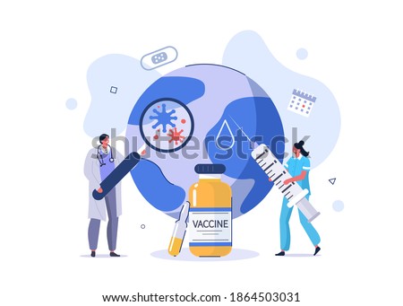 Doctor and Nurse Preparing For Global Vaccination against Coronavirus. Covid Vaccine ready for Clinical Trial. Immunization Campaign Concept. Flat Cartoon Vector Illustration.