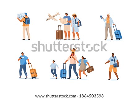 People Characters with Bags, Suitcases and Backpack at the Airport hurry up for Departure. Travelling Girls, Boys, Family and Couple. Vacation and Tourism Concept. Flat Cartoon Vector Illustration.