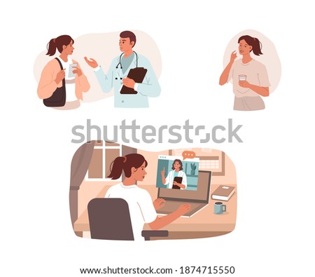 Patient has a Consultation with Doctor in Hospital and Online on Video Call. Woman Taking Prescription Pills. Modern Health Care and Online Medicine Concept. Flat Cartoon Vector Illustration.
