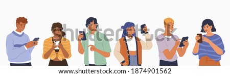 Young Fashionable People Looking on Smartphones and Chatting. Happy Boys and Girls talking and typing on Phone. Female and Male Characters collection. Flat Cartoon Vector Illustration.