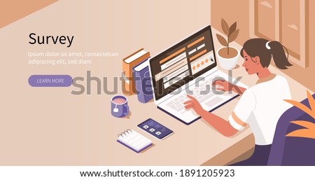 Woman sitting at Desk and Filling Survey Form. She's Putting Check Marks on Checklist, Giving Four Star Feedback and Leaving Review. User Experience Concept. Flat Isometric Vector Illustration.