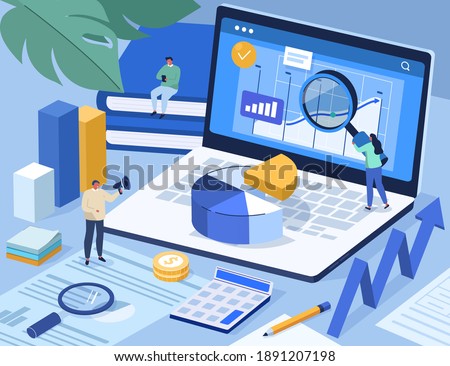 People Analyzing Data and filling Documents for Tax Calculation. Characters Preparing Finance Report with Graph Charts. Accounting and Financial Management Concept. Flat Cartoon Vector Illustration.