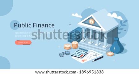 
Coins, Banknotes, Financial Documents Lying Near Government Finance Department or Tax Office Column Building. Public Finance Audit Concept. Flat Isometric Vector Illustration. Stock foto © 