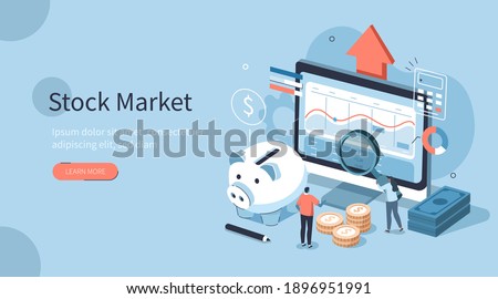 People Characters Analyzing  Stock Market. They Standing near Screen with Graphs, Charts and Diagrams. Businesspersons Investing in Stocks. Stock Trading Concept. Flat Isometric Vector Illustration.