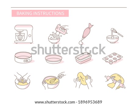 Instruction How to Prepare and Cook Dough for Bakery. Baking Ingredients, Utensil and Food Preparation Symbols. Dough Flour Recipe. Flat Vector Illustration and Icons set.