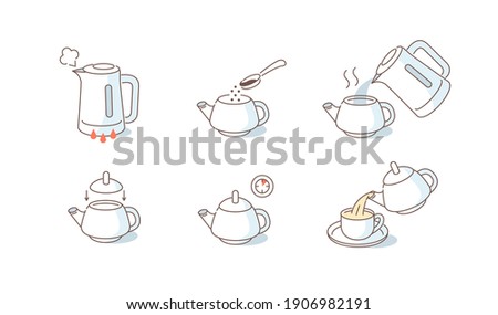 Instruction How to Brewing Leaf Tea. Place Tea Leaf in Teapot, Add Boiling Water, Wait for few Minutes. Cooking Direction for Hot Herbal Drink. Flat Line Vector Illustration and Icons set.