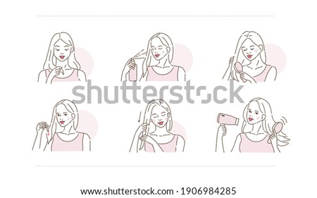 Beauty Girl Take Care of her Damaged Hair and Applying Treatment Products. Hair Oil Serum, Lotion and Spray. Woman Making Haircare Procedures.  Flat Line Vector Illustration and Icons set.
