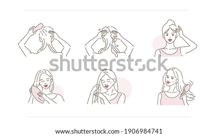 
Beauty Girl Take Care of her Hair and Applying Treatment Products. Woman Washing, Drying Hair with Towel and Hairdryer.  Beauty Haircare Routine. Flat Line Vector  Illustration and Icons set.
