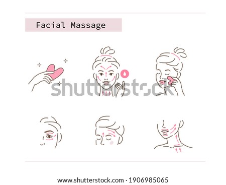 Beauty Girl Take Care of her Face and Use Facial Jade Stone for Gua Sha Massage. Woman Making Skincare Procedures. Skin Care Facial Massage and Relaxation Concept. Flat Vector Illustration and Icons.
 Foto stock © 