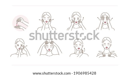 
Beauty Girl Take Care of her Face and Applying Cosmetic Serum Oil. Woman Making Facial Massage by Lines. Skin Care Routine, Hygiene and Moisturizing Concept. Flat Vector Illustration and Icons set.
