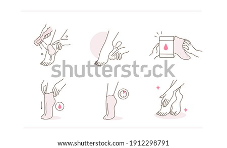 Beauty Girl Take Care of her Feet and Applying Foot Peel or Moisturizing Mask. Foot Care and Pedicure Concept. Flat Line Vector Illustration and Icons set.
