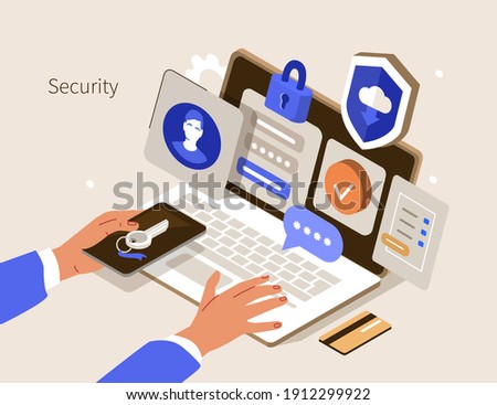 Character Hand holding Smartphone with Sms Authentication Key and typing Password on Laptop with Online Login Form on Screen. Secure User Authorization Concept. Flat Isometric Vector Illustration. 