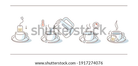 Instruction How to Brewing Tea Bag. Place Tea Bag in Cup, Add Boiling Water, Wait for few Minutes. Cooking Direction for Hot Drink. Flat Line Vector Illustration and Icons set.
