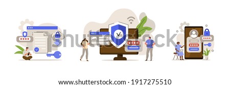 Characters using Cyber security Services to Protect Personal Data. User Authorization, Two Steps Authentication and Cloud Shared Documents Concept. Flat Cartoon Vector Illustration.