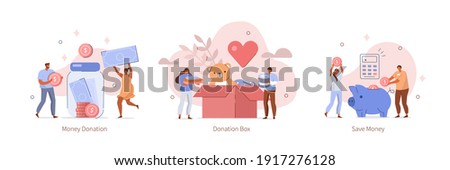 Characters Donating Money for Charity, Collecting Gold Coins in Piggy Bank, Putting Clothes and Food in Donation Box. Charity Support and Saving Money Concept. Flat Cartoon Vector Illustration.