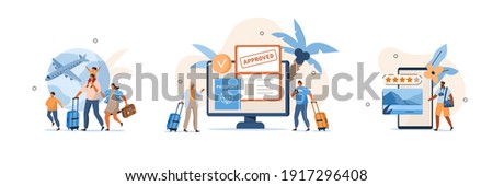 Various Travel Icons. Characters Planning Trip and Choosing Destination, Preparing Travel Visa and Passport, Booking Flight and Hotels. Vacation and Tourism Concept. Flat Cartoon Vector Illustration.