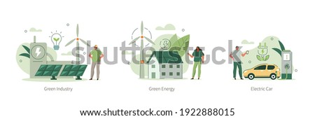 Modern Eco Private House with Windmills and Solar Energy Panels, Electric Car near Charging Station, Green Industrial Factory with Renewable Energy.  Flat Isometric Vector Illustration and Icons Set.

