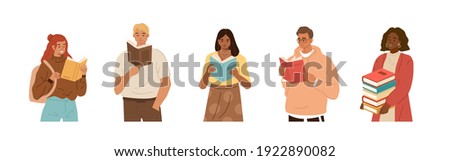 Young People Reading Books. Male and Female Students with Open Books in Hands. Girls and Boys Studying in Library. Education and Knowledge Concept with Characters. Flat Cartoon Vector Illustration.
