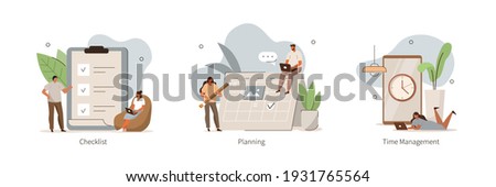 People Characters Planning Schedule, Managing Work Time and Filling To Do Checklist. Woman and Man Organizing Daily Tasks. Time Management and Organization Concept. Flat Cartoon Vector  Illustration.