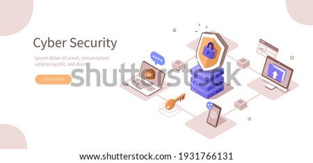 Various Devices Secure Connected to Data Center with Cloud Computing Technology. Cyber Security and Personal Data Protection Concept. Flat Isometric Vector Illustration.