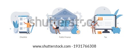 Various Finance Icons. Characters Calculating and Filling Tax From, Analyzing Public Financial Data, Putting Check Mark on Checklist. Finance Audit Concept. Flat Cartoon Vector Illustration.