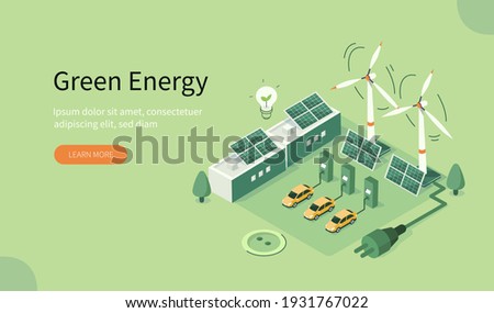 Modern Eco Industry with Windmills, Solar Energy Panels and Electric Car near Charging Station. Eco Power Station with Green Renewable and Solar Energy. Flat Isometric Vector Illustration.