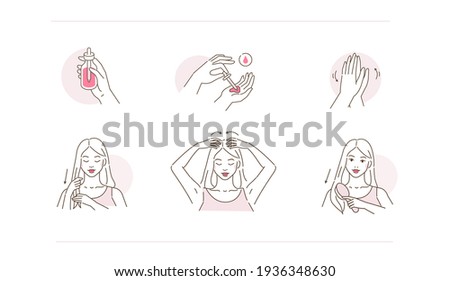 
Beauty Girl Take Care of her Damaged Hair and Applying Treatment Oil on Hair Roots and Tips. Woman Making Haircare Procedures.  Beauty Haircare Routine. Flat Line Vector Illustration and Icons set.