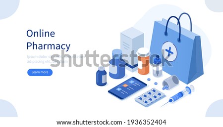 Shopping Bag with Medicine Pills, Capsules and Bottles Lying near Smartphone with Checklist on Screen. Online Drugstore Services. Health Care and Pharmacy Concept.  Flat Isometric Vector Illustration.