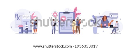 Various Healthcare Scenes. Pharmacist Showing Medicaments in Pharmacy Store, Doctor and Patients filling Health Insurance Contract, Doctor Online. Medicine Concept. Flat Cartoon Vector Illustration.