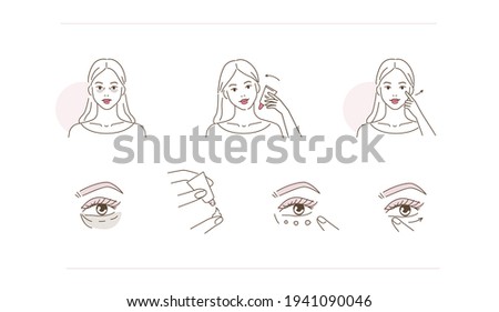 
Beauty Girl Taking Care of her Under Eye Skin and Applying Eye Cream. Woman Making Treatment against Dark Circles. Beauty Skincare Routine. Flat Line Vector Illustration and Icons set.