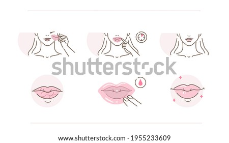 Beauty Girl Take Care of her Lips Skin and Applying Moisturizing Lip Mask. Instruction how to Use and Applying Hydrating Lip Mask. Flat Line Vector Illustration and Icons set.