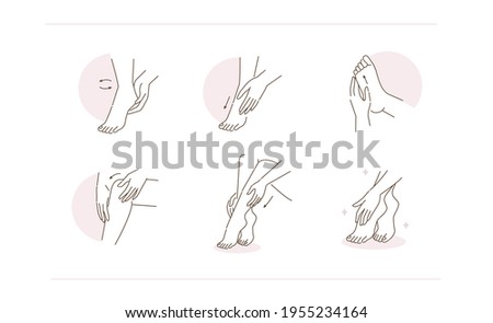 Beauty Girl Take Care of her Knees, Legs, Feet and Heels Skin and Applying Moisturizing Cream. Skin Care and Pedicure Concept. Flat Line Vector Illustration and Icons set.