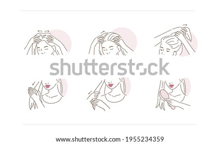 Beauty Girl Take Care of her Damaged Hair and Applying Treatment Serum on Hair Roots and Tips. Woman Making Haircare Procedures.  Flat Line Vector Illustration and Icons set.