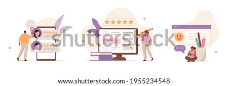 Various Online Survey and Rating Icons. Characters Filling Survey Form,  giving Five Star Feedback and Writing Comments. User Experiences Concept. Flat Cartoon Vector Illustration.