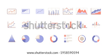 Various Business Chart and Graphics Icons Collection. Diagrams, Arrows, Histograms, Pie Charts and other Analysis and Statistic Symbols.  Flat Line Cartoon Vector Illustration.