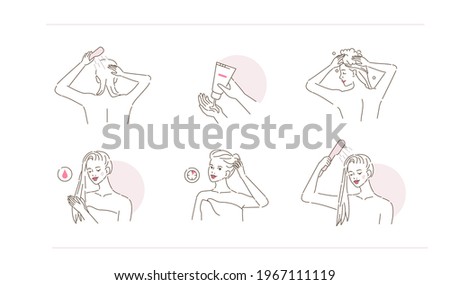 Beauty Girl Take Care of her Hair. Instruction How to Wash Hair Properly. Woman Washing Hairs with Shampoo and Conditioning with Conditioner. Flat Line Vector  Illustration and Icons set.
