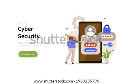 Character using mobile сyber security app to protect personal data on smartphone. User authorization, two steps authentication and information protection. Flat cartoon vector illustration.