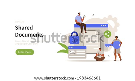 People characters using сyber security services to protect documents and personal data. Cloud shared documents, privacy protection and secure files and folders. Flat cartoon vector illustration.